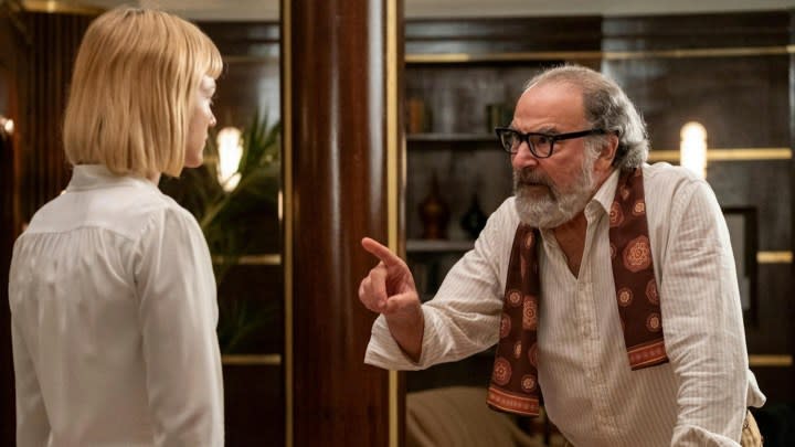 Mandy Patinkin pointing a finger at a young woman in a scene from Death and Other Details on Hulu.