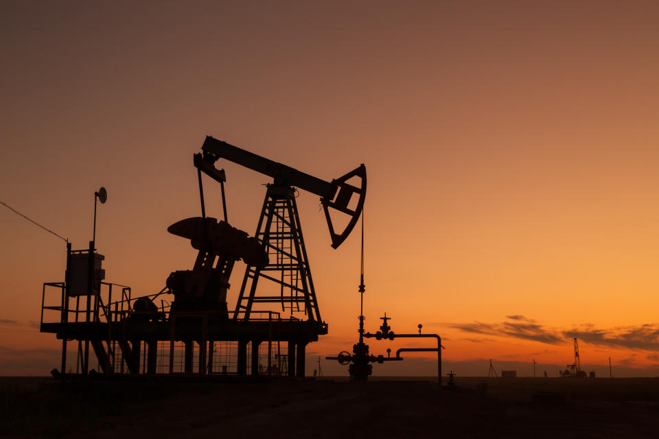 Oil pumps at sunset