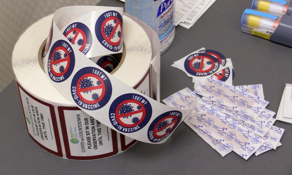 "I Got My COVID-19 Vaccine" stickers are pictured at the Grassy Sprain Pharmacy on Tuckahoe Road in Yonkers, Jan. 22, 2021.