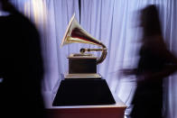 A view of a Grammy statue appears in the press room at the 65th annual Grammy Awards on Sunday, Feb. 5, 2023, in Los Angeles. (AP Photo/Jae C. Hong)