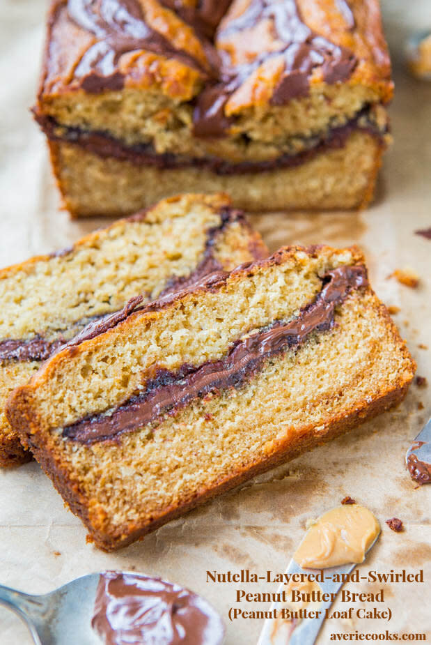 <a href="https://www.averiecooks.com/nutella-layered-and-swirled-peanut-butter-bread-peanut-butter-loaf-cake/" target="_blank" rel="noopener noreferrer"><strong>Get the Nutella-Layered-and-Swirled Peanut Butter Bread recipe from Averie Cooks</strong></a>