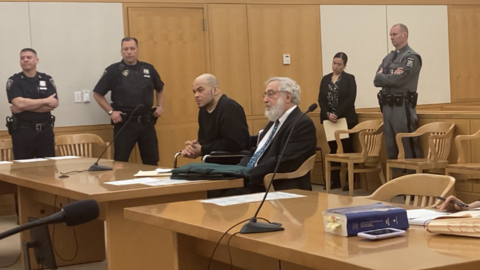 Christopher Gonzalez, in wheelchair, as he pleads guilty to second-degree murder in the 2005 strangulation killing of Angel Serbay, Westchester County Court, Jan. 18, 2023