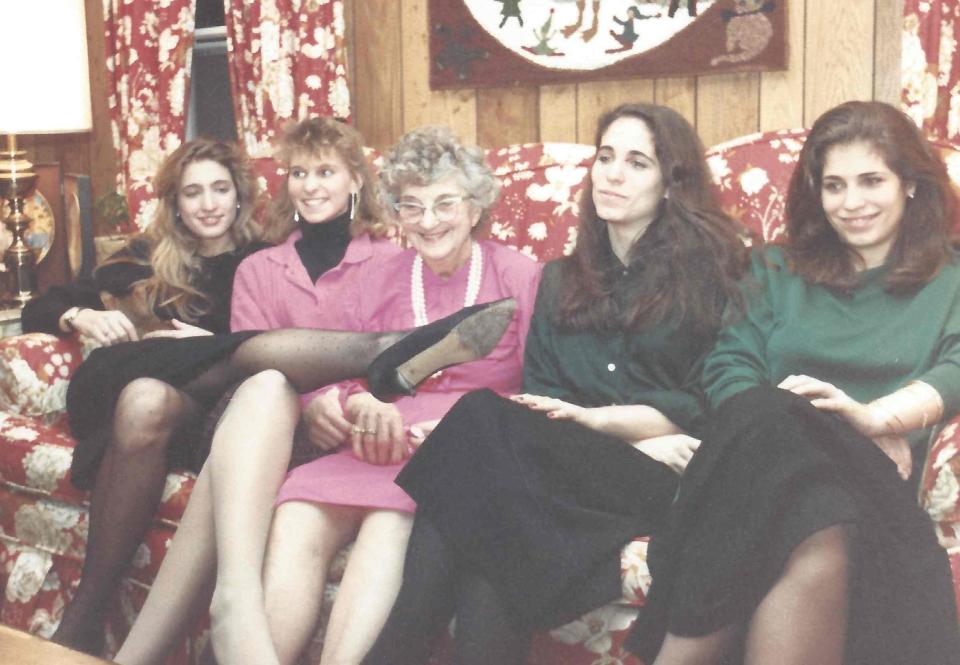 Carolyn with her cousin Abbi Nori Nelson, their grandmother Anna Bessette, and her sisters, Lisa and Lauren, at their aunt Dorothy Bessette De Somma’s house in Woodbury, Connecticut, circa 1985. 