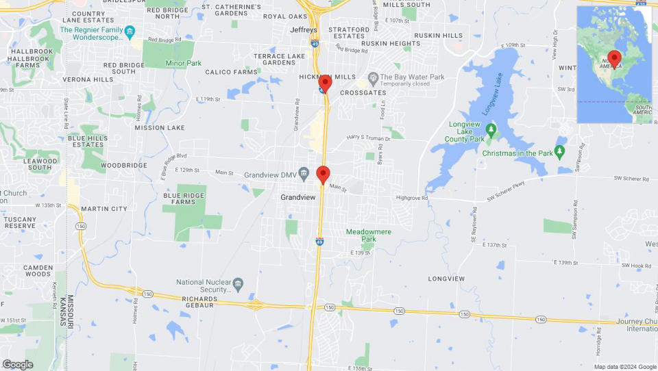 A detailed map that shows the affected road due to 'Traffic alert issued due to heavy rain conditions on northbound I-40/US-71 in Grandview' on May 21st at 4:08 p.m.