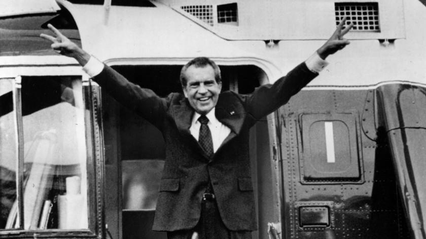 Richard M. Nixon boards a helicopter on Aug. 9, 1974, on the White House grounds after submitting his resignation as nation's chief executive.