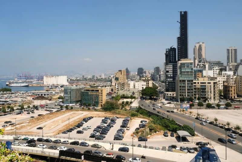 A general view shows buildings and the grain silo damaged during the 2020 Beirut port explosion, in Beirut