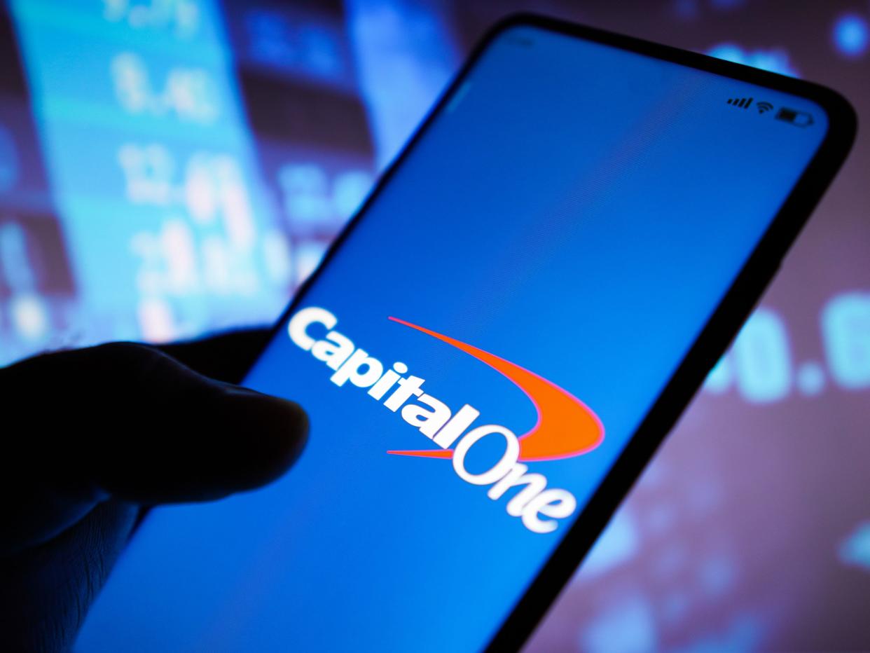 In this photo illustration, the Capital One Financial Corp. logo seen displayed on a smartphone.