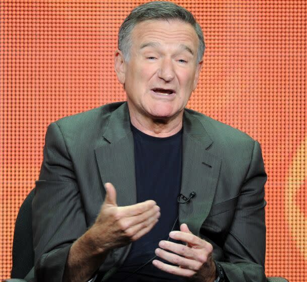 Robin Williams opens his mouth and gestures with his hands while sitting in front of an orange background