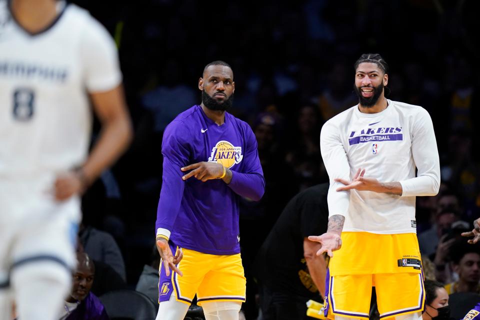 LeBron James and Anthony Davis react during the Lakers' Game 6 win over the Grizzlies.