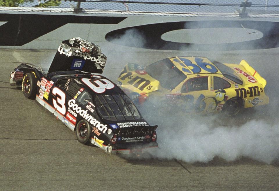 FILE - Ken Schrader (36) slams into Dale Earnhardt (3) during the Daytona 500, in this Feb. 18, 2001 file photo, at the Daytona International Speedway in Daytona Beach, Fla. Earnhardt was killed in the crash. To mark NASCAR’s 75th season, The Associated Press interviewed 12 key contributors to the industry on multiple topics. According to the survey, Dale Earnhardt's death in the 2001 Daytona 500 was picked as NASCAR's most pivotal moment. (AP Photo/Glenn Smith, File)