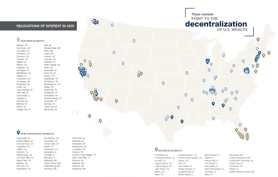 A map shows 24 communities classified as "explorer," "new suburbanite" or "resorter" markets in a Coldwell Banker report. (Coldwell Banker Global Luxury)