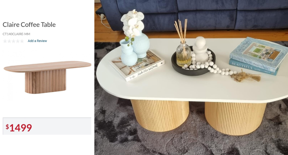 The woman saved $1399 by recreating the coffee table using Kmart side tables. Photos: Harvey Norman, Facebook/Kmart Hacks & Decor