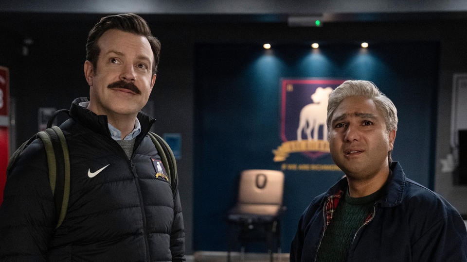 (L, R) Jason Sudeikis as Ted Lasso and Nick Mohammed as Nathan 