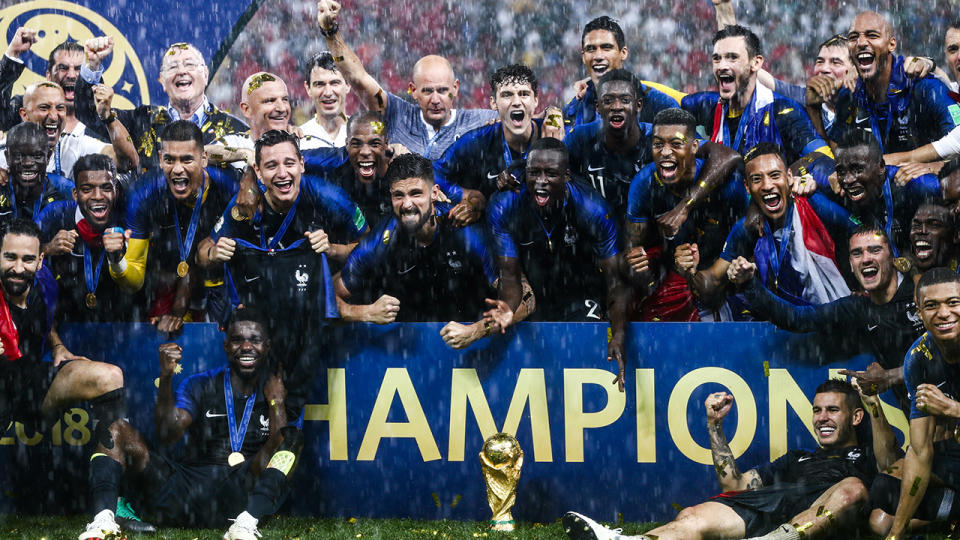 MOSCOW, RUSSIA – JULY 15, 2018: France’s players, the winners of the 2018 FIFA World Cup, during an award ceremony after the 2018 FIFA World Cup Final match between France and Croatia at Luzhniki Stadium. Valery Sharifulin/TASS (Photo by Valery Sharifulin\TASS via Getty Images)