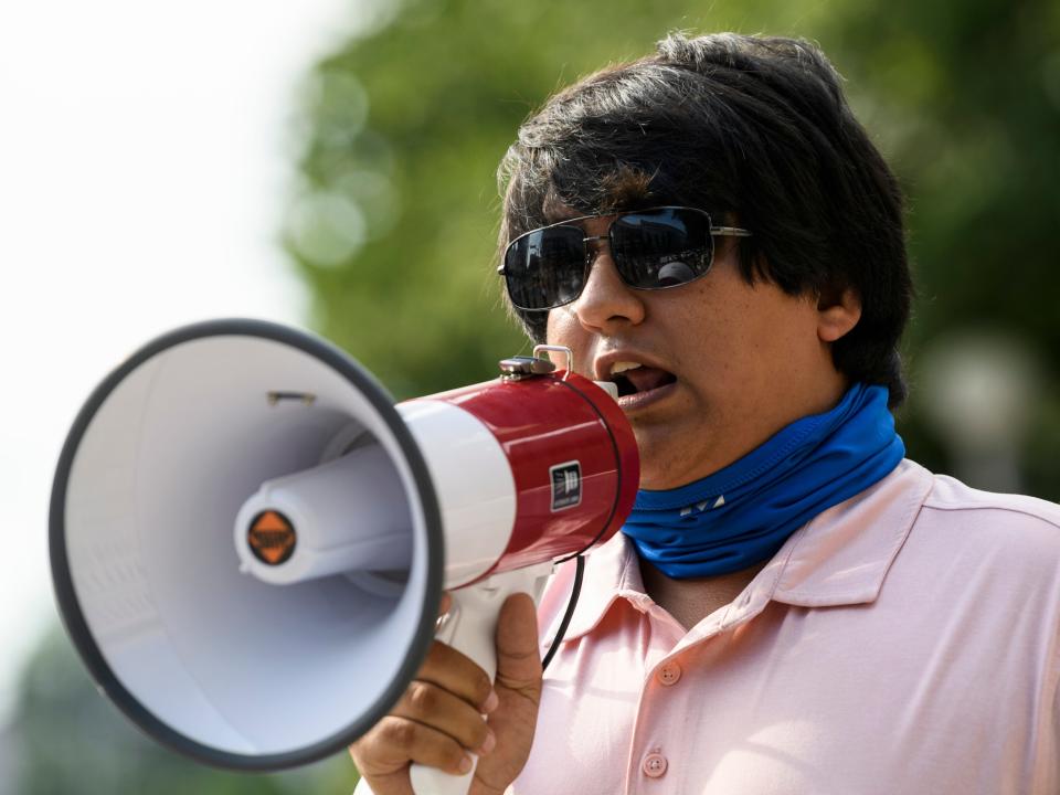 “Maskless Protest” organizer Gabe Whitley addresses the crowd during a protest against mask orders outside of the Civic Center in Evansville, Ind., Wednesday evening, July 15, 2020. The protestors believe wearing a mask should be a choice instead of a mandate from government officials, such as Mayor Winnecke’s order that went into effect at 12:01 a.m. Wednesday.