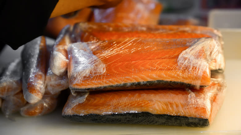 Salmon in plastic wrap