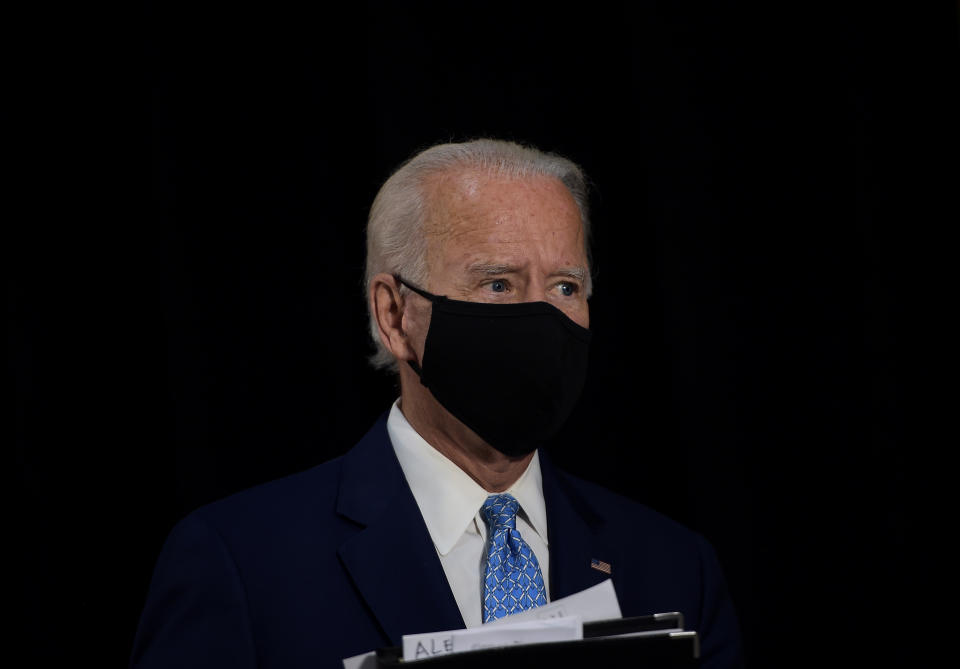 US Democratic presidential candidate Joe Biden leaves after speaking about the coronavirus pandemic and the economy on June 30, 2020, in Wilmington, Delaware. (Photo by Brendan Smialowski / AFP) (Photo by BRENDAN SMIALOWSKI/AFP via Getty Images)