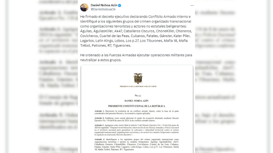 El presidente de Ecuador firmó decreto que declara conflicto armado interno