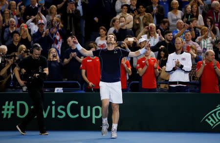 Tennis - Great Britain v Japan - Davis Cup World Group First Round - Barclaycard Arena, Birmingham - 6/3/16 Great Britain's Andy Murray celebrates after winning his match against Japan's Kei Nishikori Action Images via Reuters / Andrew Boyers