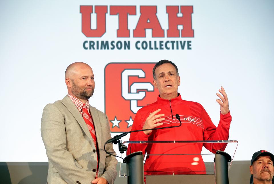 Crimson Collective founder Matt Garff and University of Utah athletic director Mark Harlan speak during the Crimson Collective launch event at the Rice-Eccles Stadium in Salt Lake City on Friday, April 21, 2023. The Crimson Collective is an independent NIL organization and the exclusive NIL collective for Utah football. | Kristin Murphy, Deseret News
