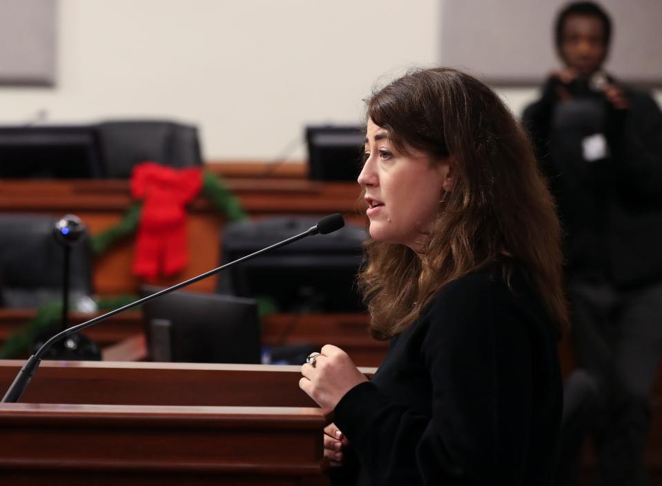 Cara Tobe, of the 490 Project, addressed the Metro Council to voice her opposition to the FOP contract being voted on in council chambers in Louisville, Ky. on Dec. 16, 2021.  To her dismay, the contract was approved by a vote of 20-3.
