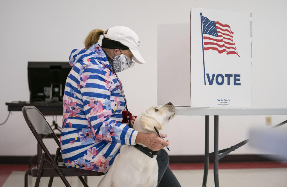 CORRECTS STATE TO WISCONSIN, NOT MINNESOTA -Catherine Anderson sits with her dog, Ivy, as she votes in the Wisconsin Primary at the Billings Park Civic Center in Superior, Wis., Tuesday, April 7, 2020. (Alex Kormann/Star Tribune via AP)