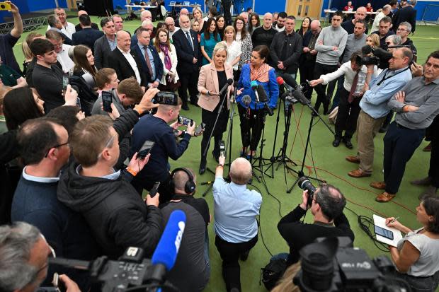 Sinn Fein vice president Michelle O'Neill and Mary Lou McDonald, Sinn Fein president at the declaration in  at the Meadowbank count on May 07, 2022 in Magherafelt , Northern Ireland. Photo Getty.