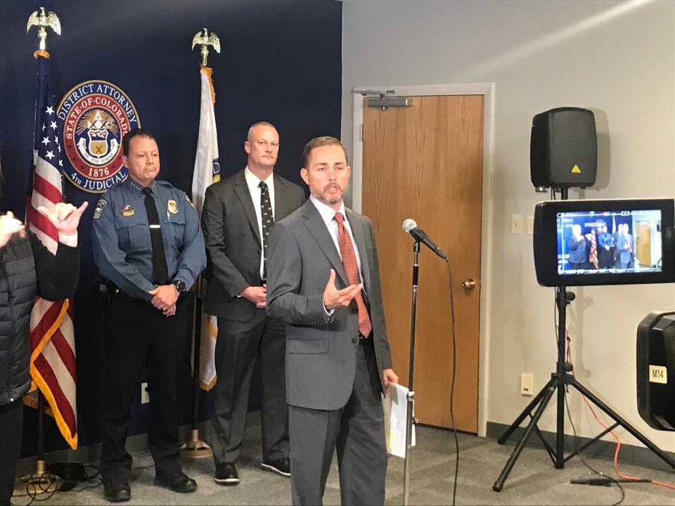 District Attorney Michael Allen speaks to members of the press after Anderson Lee Aldrich's hearing.