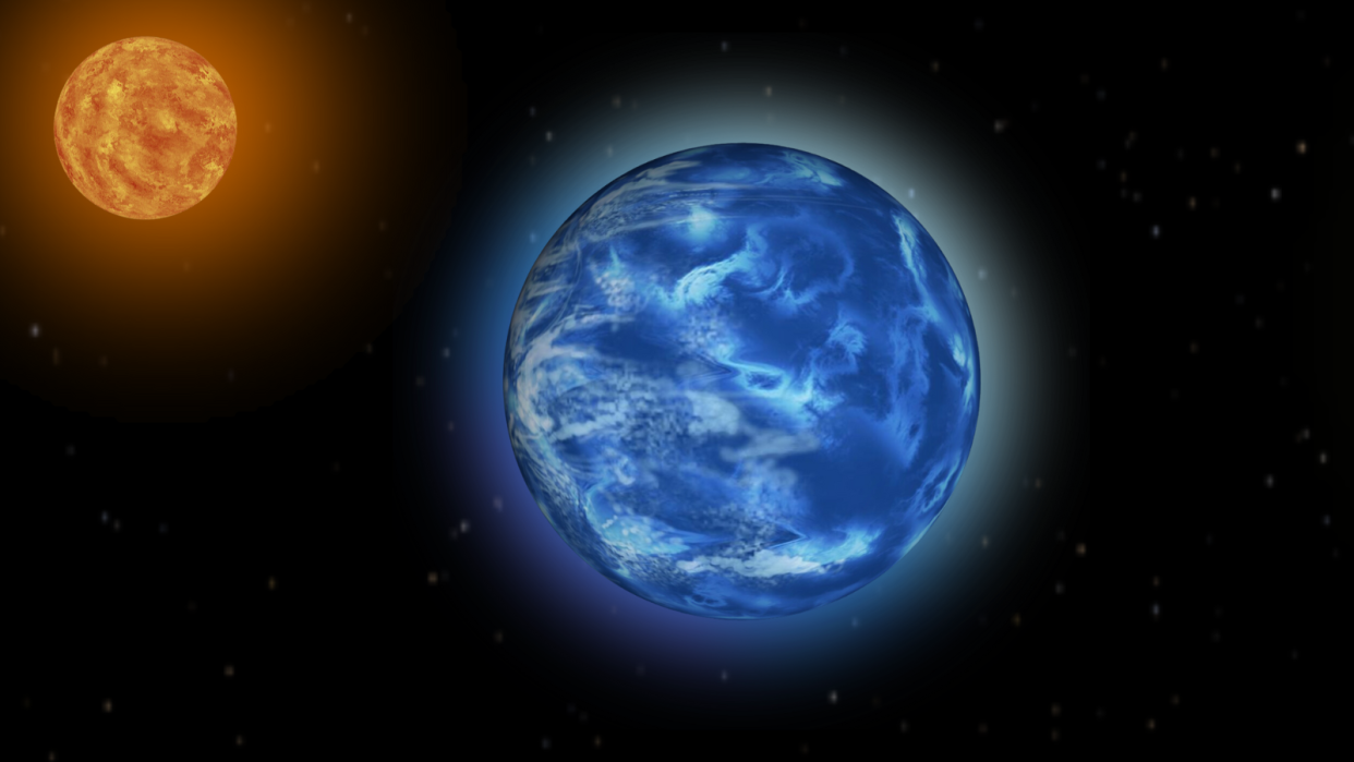  A firey orange sphere to the left of a partly shadowed blue and white sphere against a very dark background. 