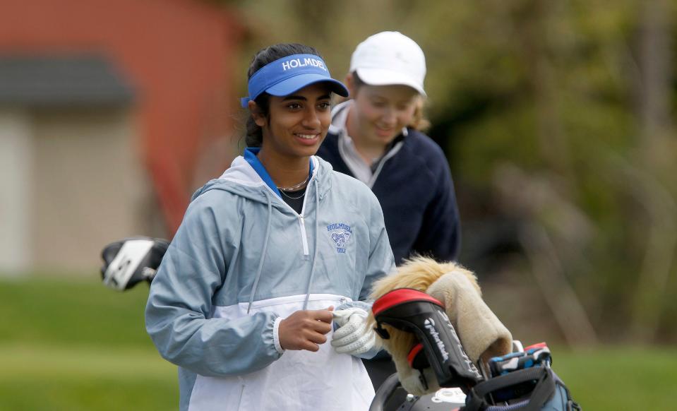 Holmdel's Sirina Ganne walks down the 13th fairway at the Jumping Brook Country Club Monday, April 24, 2023, during the Shore Conference girls tournament.