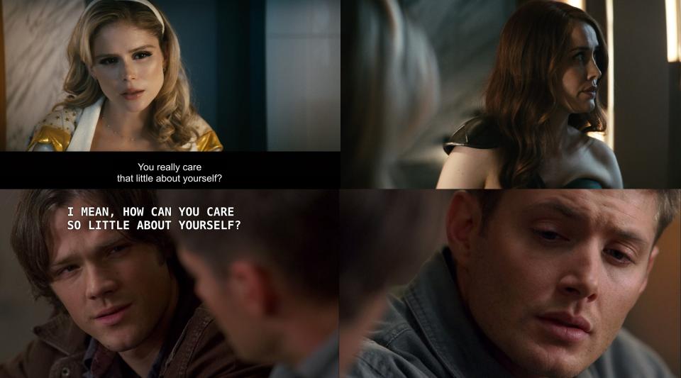 In the top images: Starlight talking to Queen Maeve in season three of "The Boys." In the bottom images: Sam Winchester talking to Dean in season three of "Supernatural."