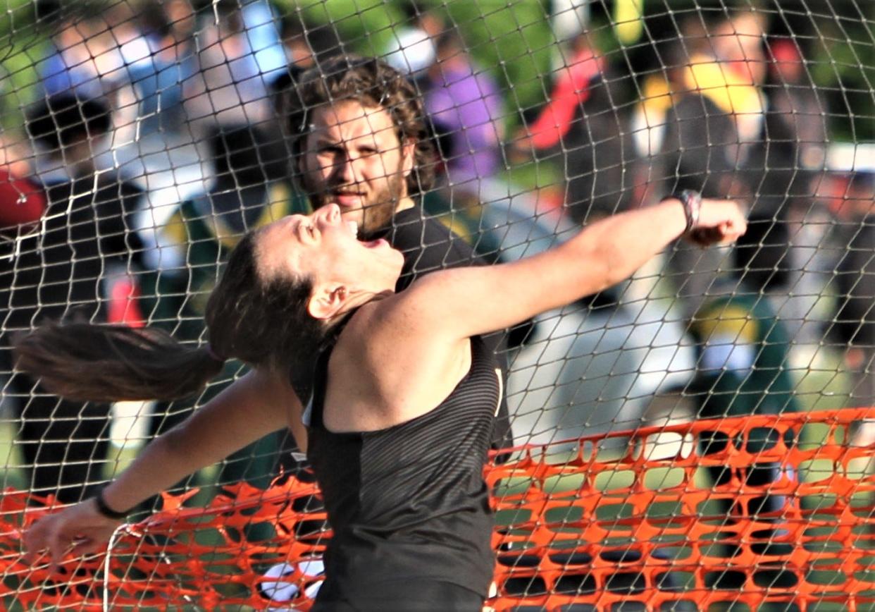 Nanuet's Gabriella Vizcarrondo lets out a yell after releasing the shot put during the May 18, 2023 Rockland County Outdoor Track and Field Championships at Spring Valley High. She hit a personal-best mark and won silver.