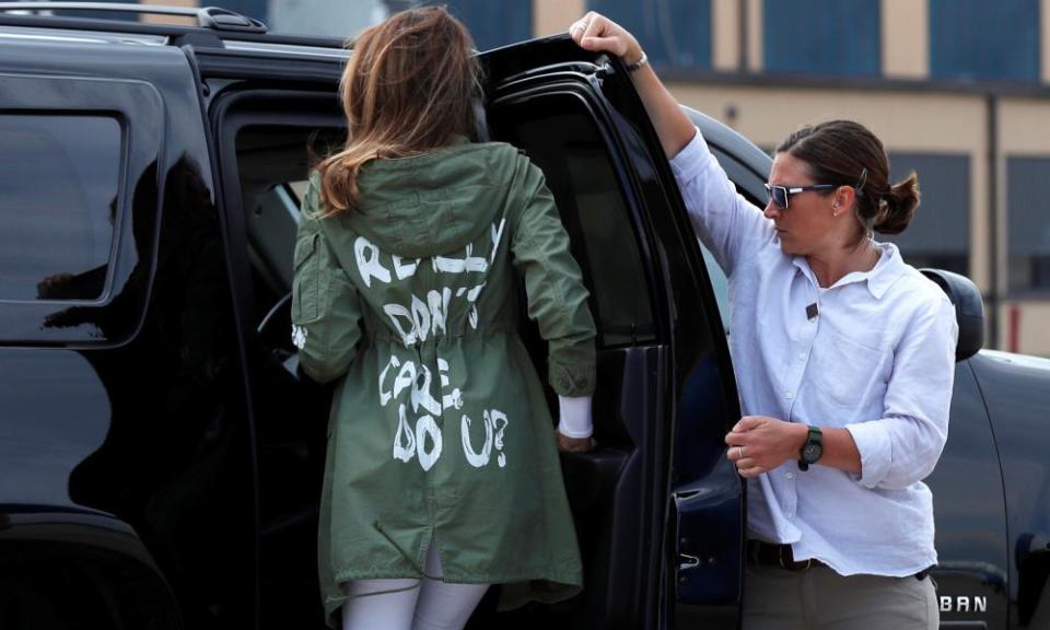 Melania Trump arrives back in Washington from Texas wearing a jacket emblazoned with the phrase ‘I Really Don’t Care. Do U?’