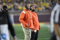 Bowling Green head coach Scot Loeffler, center, watches his team play against Michigan in the first half of an NCAA college football game, Saturday, Sept. 16, 2023, in Ann Arbor, Mich. (AP Photo/Jose Juarez)