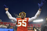 Kansas City Chiefs' Frank Clark celebrates after the NFL AFC Championship football game against the Tennessee Titans Sunday, Jan. 19, 2020, in Kansas City, MO. The Chiefs won 35-24 to advance to Super Bowl 54. (AP Photo/Ed Zurga)