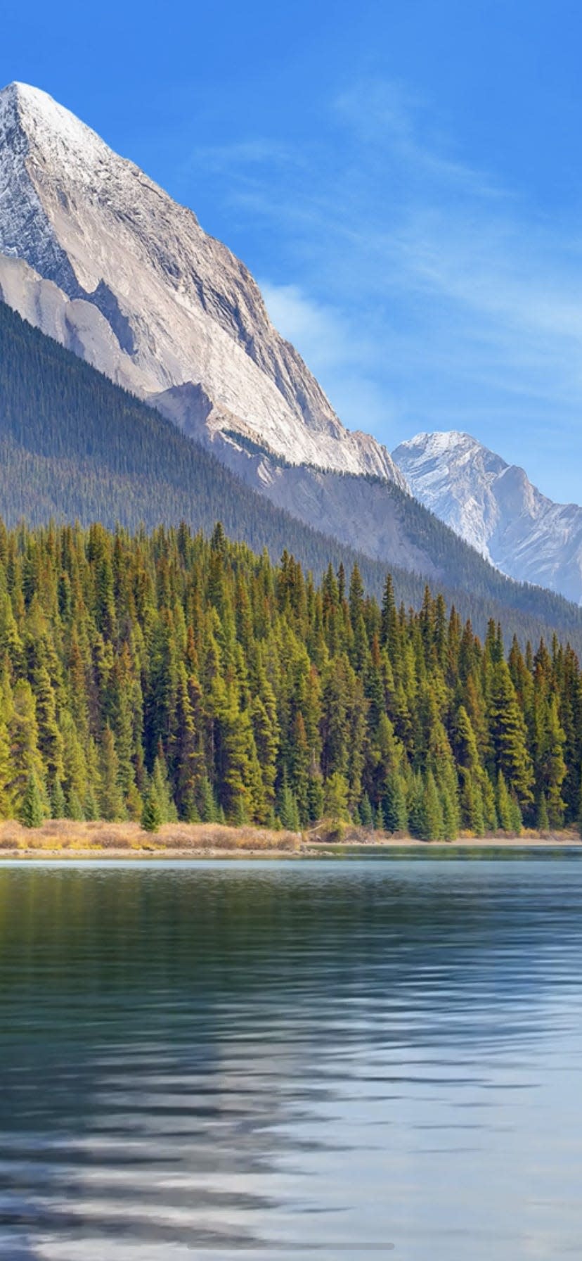 mountains, trees, and water at Jasper Lake in a screenshot of the meditation app Calm