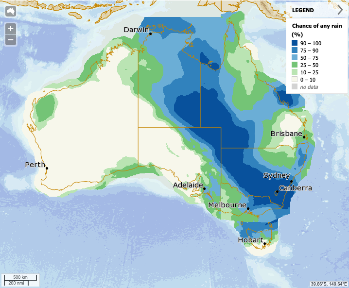 A Bureau of Meteorology map showing rainfall expected for Wednesday. Rain is predicted for the Northern Territory, Queensland, NSW, the ACT, Victoria and Tasmania.