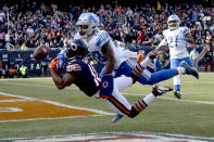 <p>Quandre Diggs #28 of the Detroit Lions breaks up the pass intended for Taylor Gabriel #18 of the Chicago Bears in the first quarter at Soldier Field on November 11, 2018 in Chicago, Illinois. (Photo by Quinn Harris/Getty Images) </p>