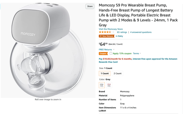 Momcozy Double S9 Pro Wearable Electric Breast Pump - Grey, Double