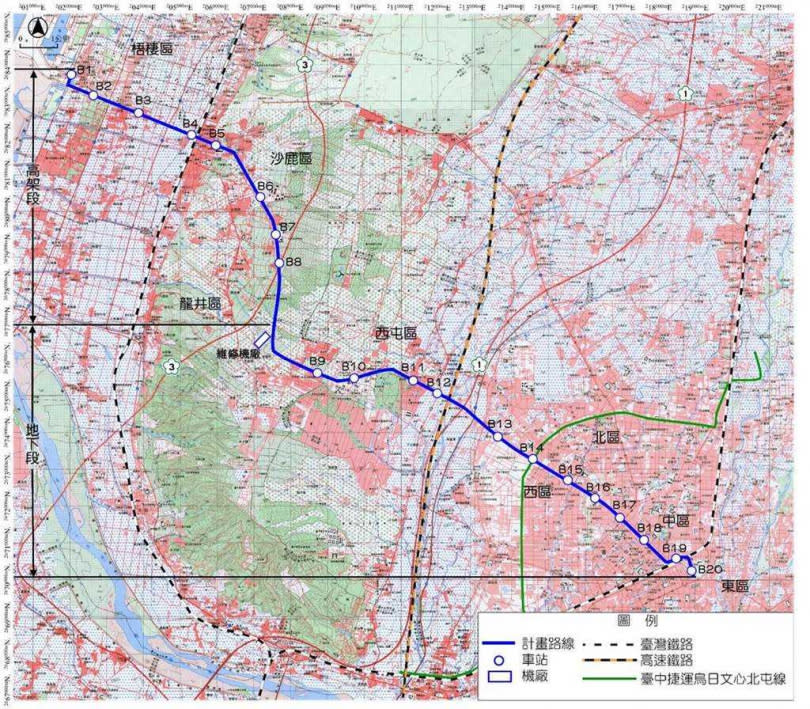 台中捷運藍線規畫全長24.8公里，全線規畫高架車站8座、地下車站12座，共設有20座車站以及1座機廠。（圖／台中市府提供）