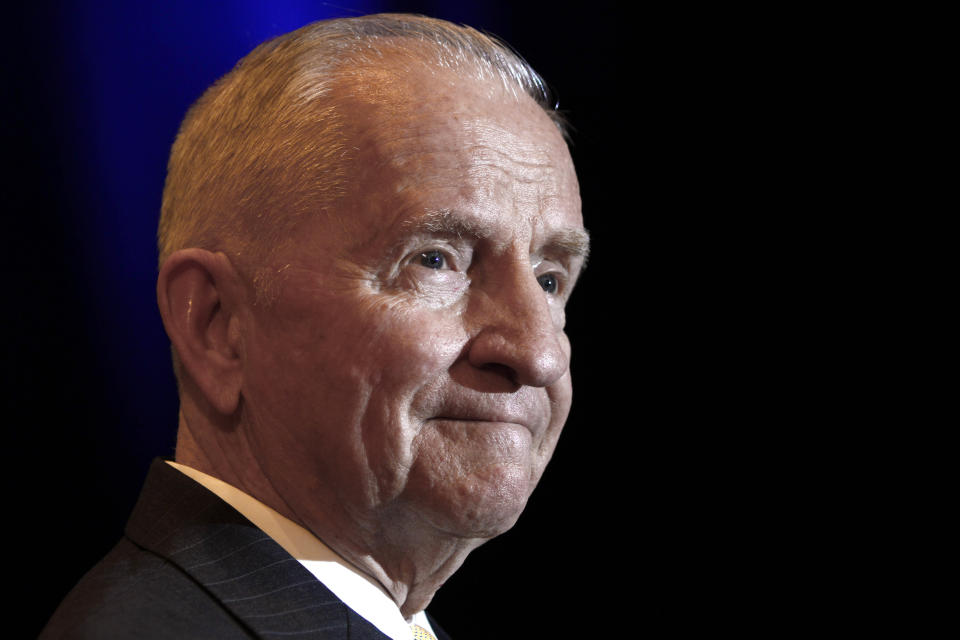 FILE - In this April 20, 2019, file photo, Ross Perot listens to a reporter's question during a news conference before accepting the Command and General Staff College Foundation's 2010 Distinguished Leadership Award in Kansas City, Mo. Wealth, fame and a confident prescription for the nation's economic ills propelled H. Ross Perot’s 1992 campaign against President George H.W. Bush and Democratic challenger Bill Clinton. He recorded the highest percentage for an independent or third-party candidate since 1912. He died in July. (AP Photo/Ed Zurga, File)