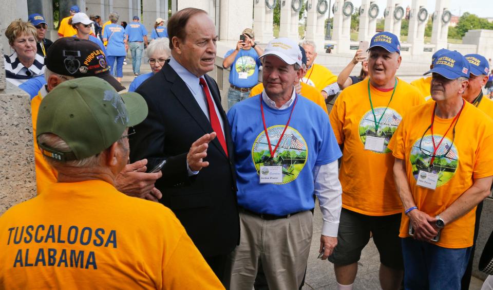 Jordan Plaster leads an Honor Flight for Vietnam Veterans to Washington, D.C. Wednesday, May 10, 2017. Plaster stands with veterans as they are met by then-Alabama U.S. Sen. Richard Shelby.