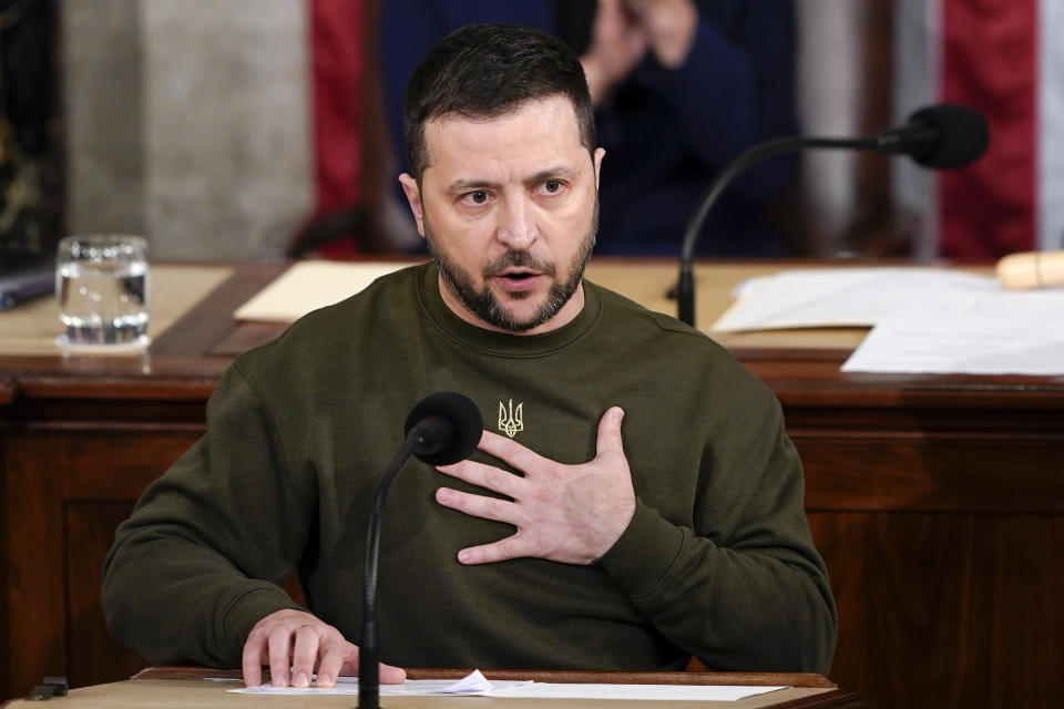 Ukrainian President Volodymyr Zelenskyy addresses a joint meeting of Congress on Capitol Hill in Washington, Wednesday, Dec. 21, 2022. (AP Photo/Carolyn Kaster)