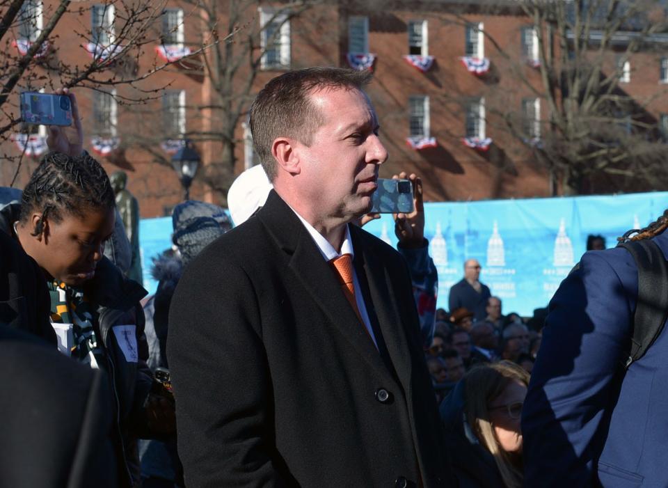 Maryland State Sen. Paul Corderman listens to Gov. Wes Moore speak in Annapolis on inauguration day.