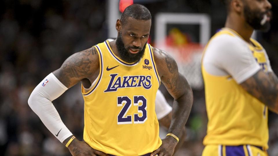 <a class="link " href="https://sports.yahoo.com/nba/players/3704/" data-i13n="sec:content-canvas;subsec:anchor_text;elm:context_link" data-ylk="slk:LeBron James;sec:content-canvas;subsec:anchor_text;elm:context_link;itc:0">LeBron James</a> (23) of the <a class="link " href="https://sports.yahoo.com/nba/teams/la-lakers/" data-i13n="sec:content-canvas;subsec:anchor_text;elm:context_link" data-ylk="slk:Los Angeles Lakers;sec:content-canvas;subsec:anchor_text;elm:context_link;itc:0">Los Angeles Lakers</a> reacts to a turnover during the fourth quarter of the <a class="link " href="https://sports.yahoo.com/nba/teams/denver/" data-i13n="sec:content-canvas;subsec:anchor_text;elm:context_link" data-ylk="slk:Denver Nuggets;sec:content-canvas;subsec:anchor_text;elm:context_link;itc:0">Denver Nuggets</a>' 108-106 win at Ball Arena on Monday, April 29, 2024, in Denver, Colorado. (Photo by AAron Ontiveroz/The Denver Post)