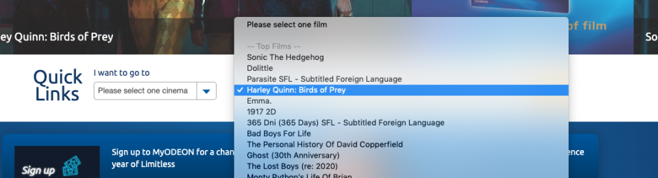 Odeon's ticket listing for Birds of Prey, as of Wednesday 12 February, 2020. (www.odeon.co.uk)