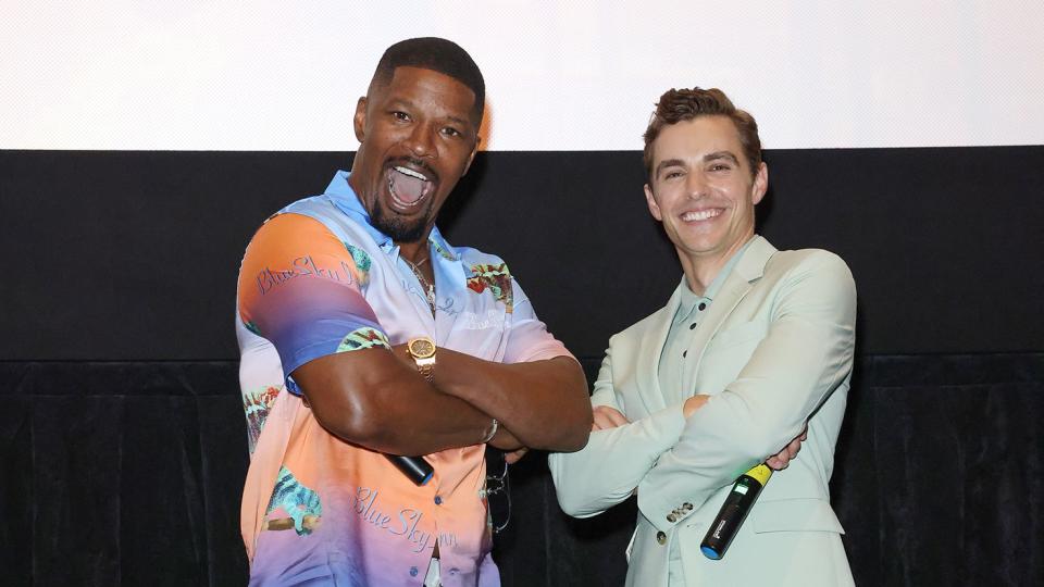 <p>Jamie Foxx and Dave Franco have a laugh on Aug. 2 at the Miami screening of <em>Day Shift</em>. </p>