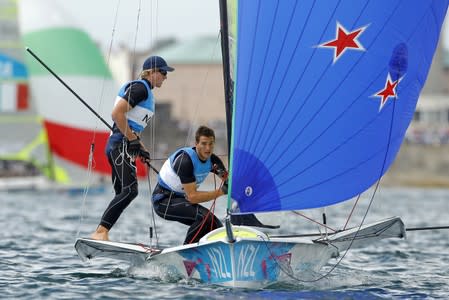 FILE PHOTO - New Zealand's Peter Burling and Blair Tuke sail in the medal race of the 49er class at the London 2012 Olympic Games