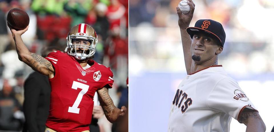 Former 49ers quarterback Colin Kaepernick was drafted by the Chicago Cubs and has thrown out the first pitch for the San Francisco Giants. (AP Photos)