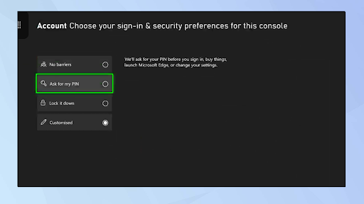 An Xbox screen displaying how to set up parental controls